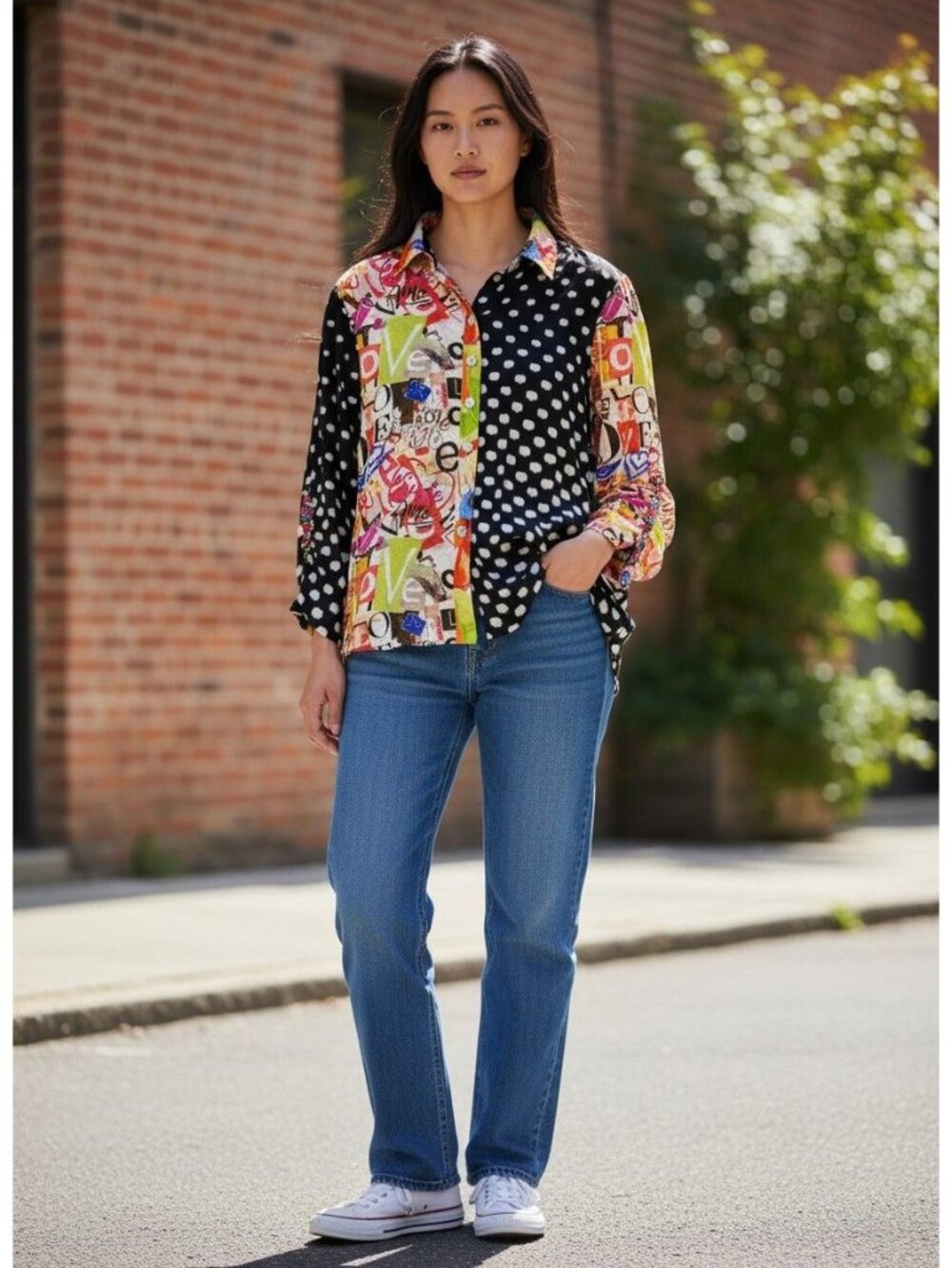 John Mark Womens PS Abstract Polka Dot Collage Print Button-Up Shirt Rayon Nylon